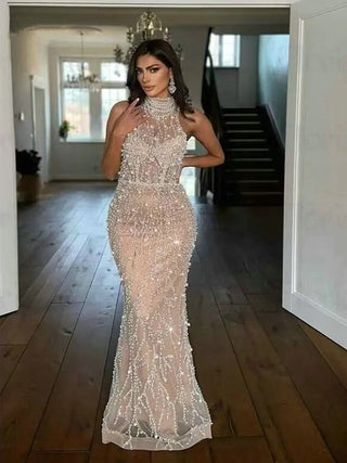 Ships in 1 to 3 Days - Sexy Nude Halter Neck Sleeveless Evening Dress - Luxury Beaded Mermaid Gown with Gloves for Arabic Wedding Guests