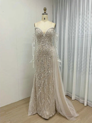 Gorgeous White Strapless Evening Dress - Pleated Rhinestones Mermaid Princess Gown for Women’s Wedding Parties in Dubai