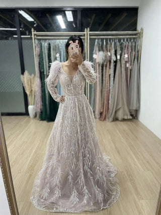 Ships in 1 to 3 Days - 2024 Gorgeous Pink Beaded Feathers Long Sleeves Mother of the Bride Dress - Elegant A-Line Evening Gown for Women’s Parties