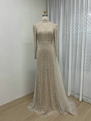 Nude Elegant Long Sleeves Muslim Formal Occasion Dress - Beaded Mermaid Evening Gown with High Neck and Side Train