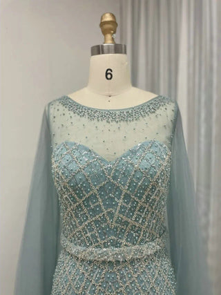 Luxury Blue Mermaid Evening Gown with Cape Sleeves - Exclusive O Neck Beaded Dress for Dubai Formal Events