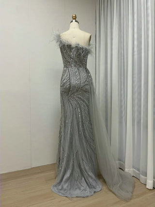 Grey Mermaid High Split Arabic Luxury Evening Dress - Celebrity One-Shoulder Beaded Feathers Gown for Formal Parties