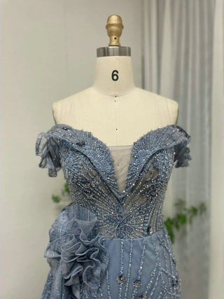 Ships in 1 to 3 Days - Blue Exclusive 3D Flowers Mermaid Evening Gown - Luxury Beaded High Split Dress for Dubai Weddings and Celebrity Parties