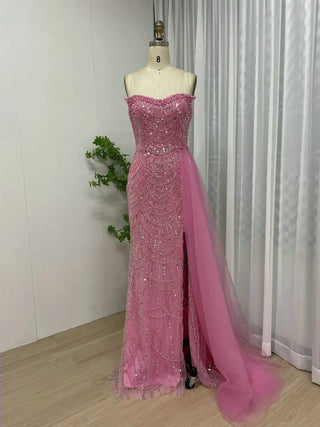 Fuchsia Stunning Strapless Mermaid Evening Dress - Luxury Beaded Sheath Gown with High Slit and Train for Weddings and Prom