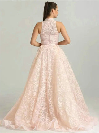 Pink Saudi Sleeveless Mermaid Evening Gown - Sexy High Neck Beaded Lace Dress with Overskirt for Luxury Parties