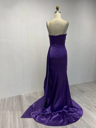 2024 Purple Mermaid Evening Gown - Stunning High Split Satin Party Dress with Spaghetti Straps and Beaded Detailing for Weddings