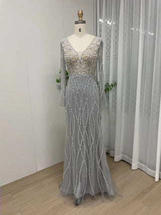 Champagne Mermaid Evening Dress - Luxury Beaded Tulle Ball Gown with Long Sleeves for Women’s Wedding Parties