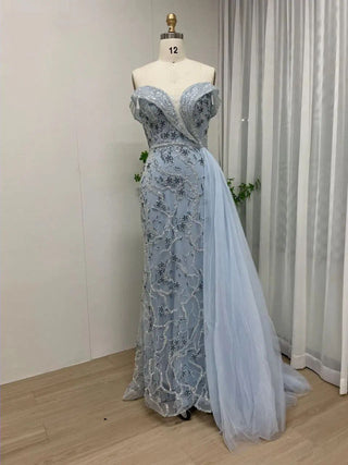 Ships in 1 to 3 Days -  2024 Blue Mermaid Evening Gown - Luxury Beaded Wedding Guest Dress with Side Train and Off-Shoulder Design for Women’s Parties