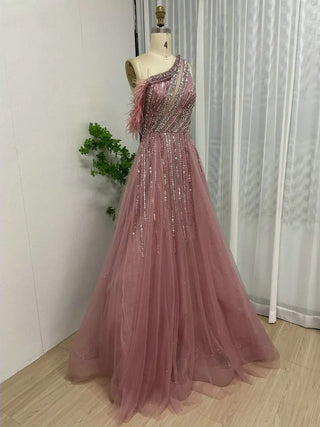 2024 Elegant One-Shoulder Beaded Feathers Evening Dress - Luxury A-Line Tulle Gown for Women’s Parties and Weddings in Dubai