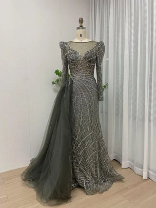 Ships in 1 to 3 Days - 2024 Muslim Gold Mermaid Evening Gown: Beaded Luxury with Dubai-Inspired Overskirt for Women's Party Elegance