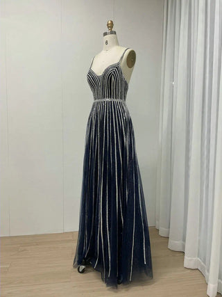 Exclusive Spaghetti Straps A-Line Silver Blue Formal Occasion Dress - Backless Evening Gala Gown for Wedding Parties