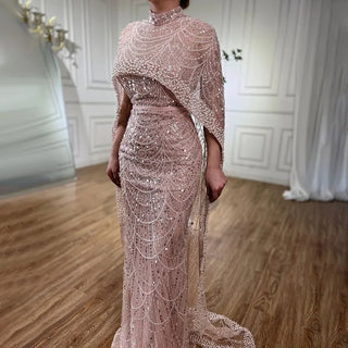 Ships in 2 to 5 Days – Elegant Nude A-Line Long Cape Evening Dress - Luxury Dubai Gown for Women's Wedding Party 2025