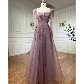 Muslim Pink A-Line Beaded Luxury Dubai Long Evening Dress - Gown for Women's Wedding Party 2024