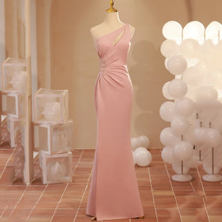 One-Shoulder Pink Satin Evening Dress for Women