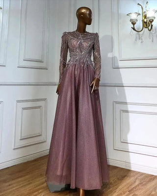 Muslim Pink A-Line Beaded Luxury Evening Dresses: Gowns for Women's Wedding Party 2024