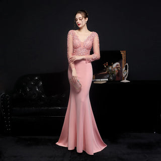 Champagne V-Neck Floor-Length Evening Dress with Mermaid Skirt for Women