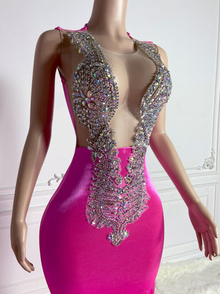 Luxurious Fuchsia Satin Gown with Deep Plunging Neckline and Crystal Embellishments