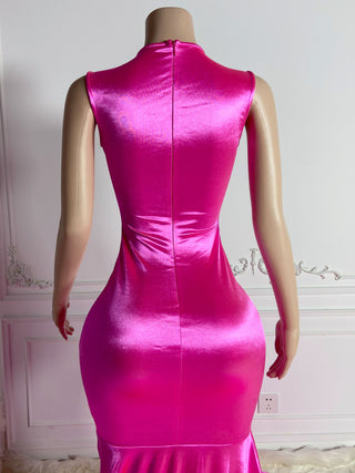 Luxurious Fuchsia Satin Gown with Deep Plunging Neckline and Crystal Embellishments