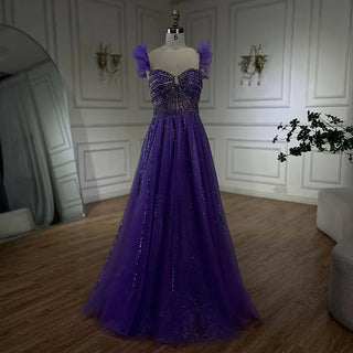 Arabic Elegant Purple Beaded A-Line Evening Gown 2024 Boat Neck Luxury Dress for Women Long Party Dress