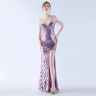 V-Neck Sequin Floor-Length Trumpet Prom Dress