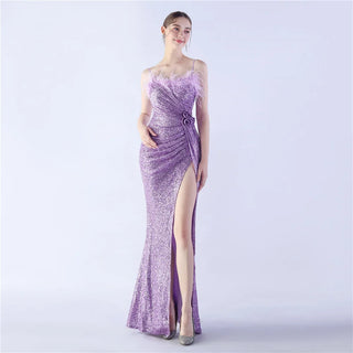 Elegant Sequin Prom Dress with Feather Accents and Floor-Length Mermaid Skirt