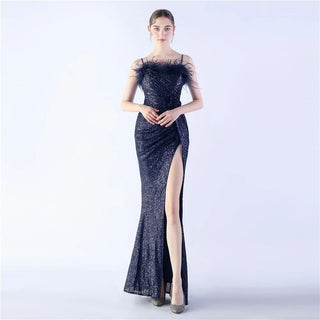 Elegant Sequin Prom Dress with Feather Accents and Floor-Length Mermaid Skirt