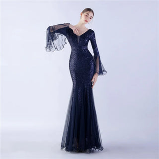 Champagne V-Neck Sequin Mermaid Trumpet Evening Dress - Floor-Length Elegant Prom Gown