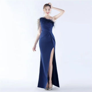 Beaded Satin One-Shoulder Ankle-Length Trumpet Prom Dress with Ostrich Feathers