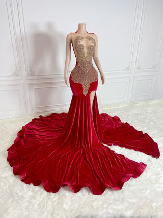 Ships in 1 to 3 Days - Opulent Red Velvet Evening Gown with Gold Embellishments