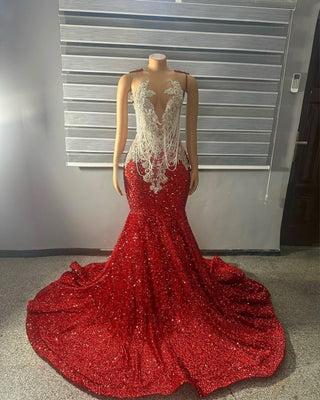 Dazzling Deep V-Neck Red Sequin Mermaid Gown with Intricate Lace Embellishments