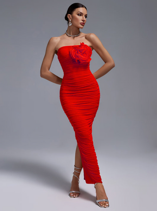 Ships in 1 to 3 Days - Strapless Ruched Evening Gown with Floral Accent.