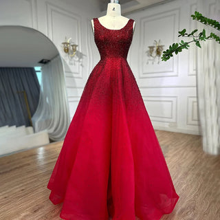 Champagne A-Line Crystal Beaded Lace-Up Luxury Dubai Evening Dress - Gowns for Women's Wedding Party