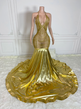 Gilded Halter Neck Mermaid Gown with Crystal Embellishments