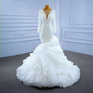 Luxury Lace Full Sleeves Deep V-Neck Mermaid Wedding Dress