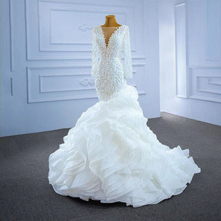 Luxury Lace Full Sleeves Deep V-Neck Mermaid Wedding Dress