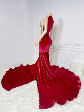 Ships in 1 to 3 Days - Opulent Red Velvet Evening Gown with Gold Embellishments