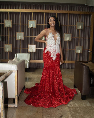 Dazzling Deep V-Neck Red Sequin Mermaid Gown with Intricate Lace Embellishments