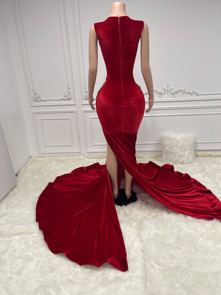 Ships in 1 to 3 Days - Opulent Red Velvet Evening Gown with Gold Embellishments