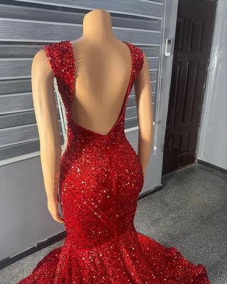 Dazzling Deep V-Neck Red Sequin Mermaid Gown with Intricate Lace Embellishments