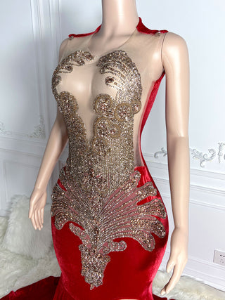 Ships in 1 to 3 Days - Opulent Red Velvet Evening Gown with Gold Embellishments