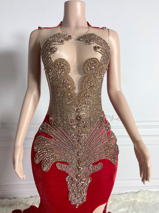 Ships in 1 to 3 Days - Opulent Red Velvet Evening Gown with Gold Embellishments