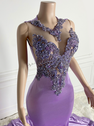 Luxurious Purple Satin Mermaid Gown with Beaded Neckline and Dramatic Train