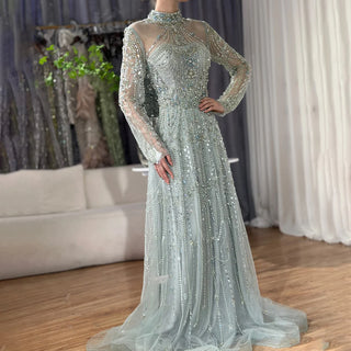 Opulent Arabic-Inspired A-Line Blue Lace Beaded Evening Gown For Women's Party