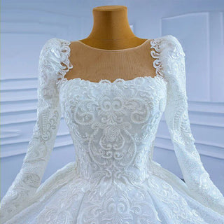 White Elegant Long Sleeve Square Neck Open Back Lace Wedding Dress