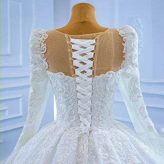 White Elegant Long Sleeve Square Neck Open Back Lace Wedding Dress