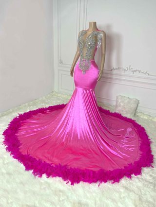 Glamorous Pink Satin Evening Gown with Feathered Train and Crystal Embellishments