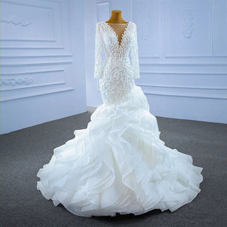 Luxury Lace Full Sleeves Deep V-Neck Mermaid Wedding Dress