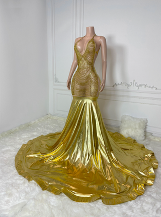 Gilded Halter Neck Mermaid Gown with Crystal Embellishments