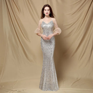 Stunning Sequin V-Neck Floor-Length Mermaid Prom Dress - Elegant Evening Party Gown