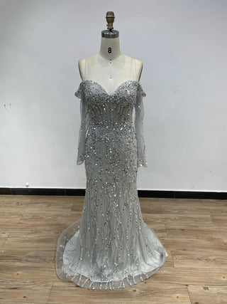 Silver Stunning Beaded Mermaid Dress - Sexy Sweetheart Neck with Boning and Off-Shoulder Sleeves for Formal Occasions